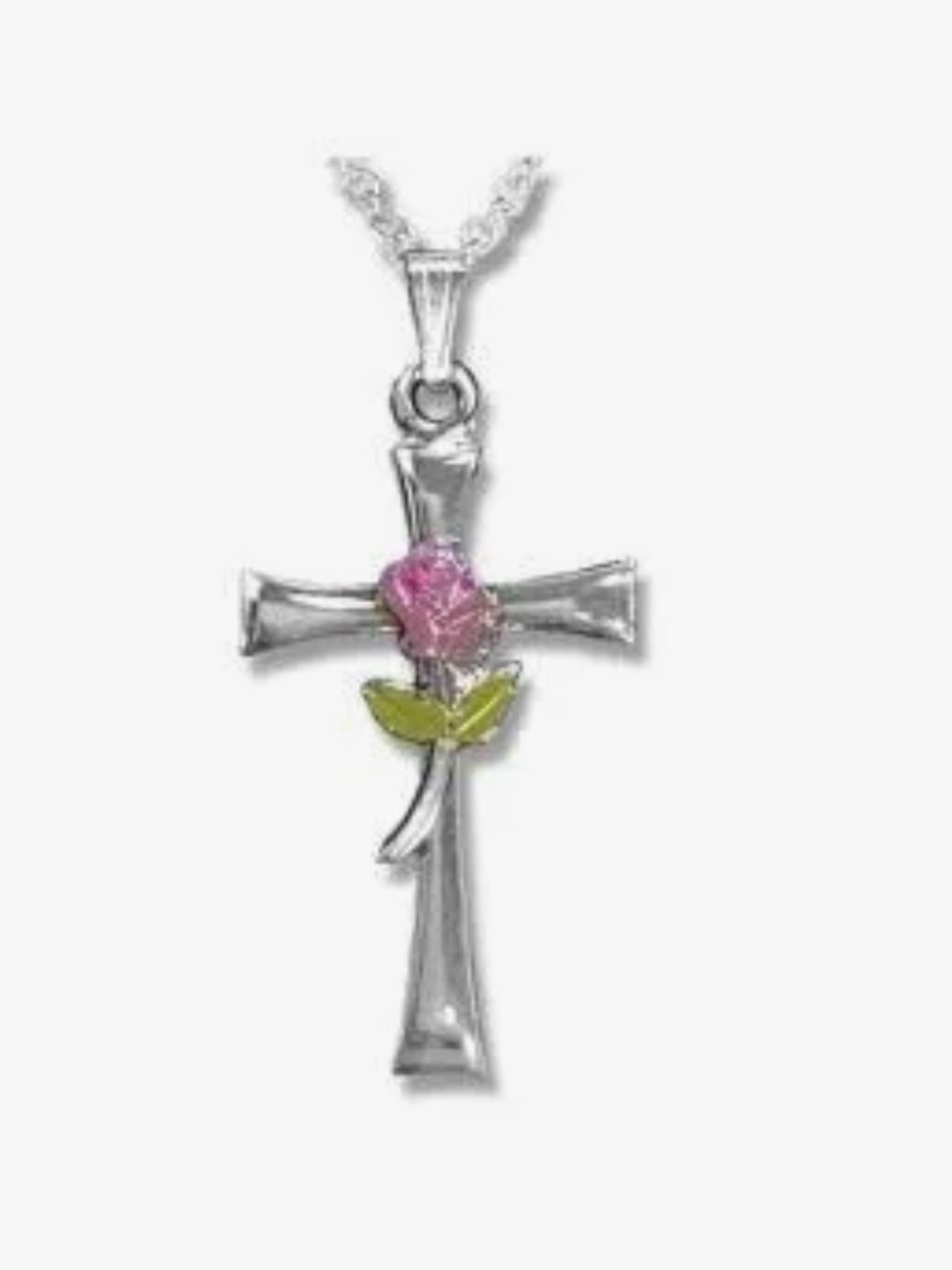 Silver Cross Pendant Necklace with Pink Rose Accent